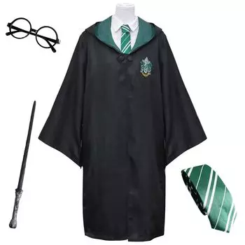 Гарри Поттер мантия очки галстук волшебная палочка 4 предмета полный комплект костюм унисекс M Слизерин зеленый + + +