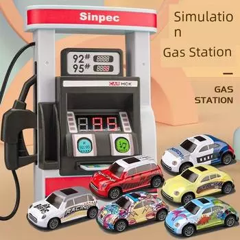 Gas Station Toy Kids Play House Toy Boy Artificial Scene Alloy Car Puzzle Model 3 to 6 Years Old Fuel dispenser +6 cars [send battery screwdriver]]