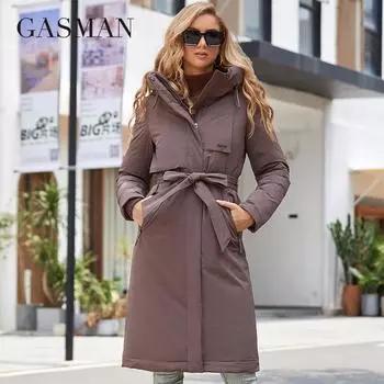 GASMAM Зимний пуховик женский теплый длинный классический на молнии со шнуровкой дизайн карман с капюшоном тонкие парки женское пальто GM-82160 S чёрный