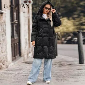 GASMAM Зимняя куртка-пуховик для женщин, теплая, длинная, классическая, на молнии, со шнуровкой, карманом, с капюшоном, тонкие парки, женские пальто 88599 L чёрный