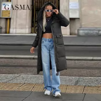GASMAN 2024 Новый женский пуховик Модный уличный длинный большой карман Женское пальто бренд теплые стеганые пальто парки 83380 S зелёный