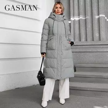 GASMAN 2024 Женская куртка длинная Fashion Grace женские зимние пуховики с карманом на молнии и поясом парка высокого качества верхняя одежда 88602 S чёрный