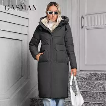 GASMAN 2024 Женская зимняя куртка модная длинная Большой карман Пальто женская брендовая высококачественная парка ветрозащитная теплая пуховая куртка 83323 S чёрный