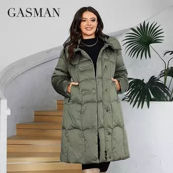 GASMAN 2024 Женская зимняя куртка-пуховик, длинный классический дизайн, карман на молнии, женское однотонное пальто для отдыха, парки больших размеров 88599 L зелёный