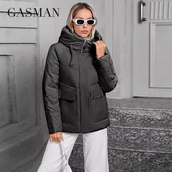 GASMAN 2024 Зимняя коллекция пуховиков Модные однотонные женские пальто с воротником-стойкой Элегантные женские куртки с капюшоном 83278 S синий