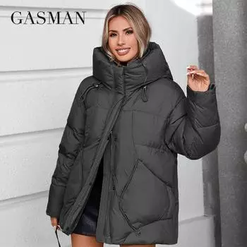 GASMAN 2024 Зимняя коллекция пуховиков Модные однотонные женские пальто с воротником-стойкой Элегантные женские куртки с капюшоном 88613 0XL чёрный