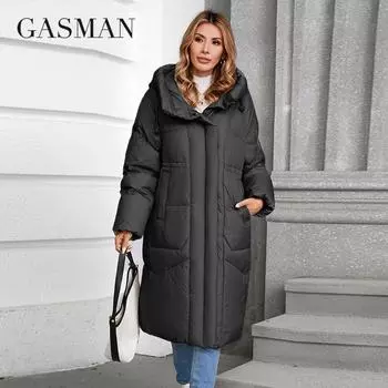 GASMAN 2024 Зимняя куртка-пуховик женская длинная классическая застежка-молния с карманом и воротником-стойкой, с капюшоном, тонкая женская парка 88590 S бежевый