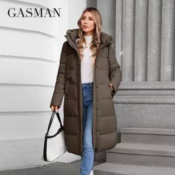 GASMAN 2024 зимняя куртка женская брендовая высококачественная повседневная длинная женская куртка с капюшоном на молнии карман пуховик парки верхняя одежда 88607 S чёрный