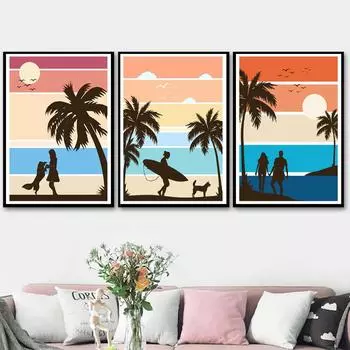 Гавайская доска для серфинга, летний пляжный пейзаж, декор, Калифорния, прибрежные настенные панно, любовь, пара, серферы, живопись, холст, без рамки 21*30cm No Frame