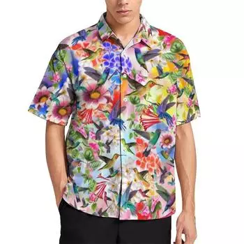 Гавайская мужская рубашка с 3D-принтом с рисунком птиц, принтованная, для отпуска, пляжная, модная, с коротким рукавом, с воротником, уличная одежда S