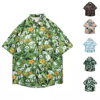 Гавайская повседневная мужская рубашка с цветочным принтом и короткими рукавами M светло-синий