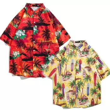 Гавайская разноцветная мужская летняя повседневная рубашка с коротким рукавом, пляжная рубашка с цветочным лацканом, праздничные рубашки M жёлтый