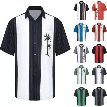 Гавайская рубашка для мужчин, мужские винтажные рубашки для боулинга на пуговицах, летняя пляжная рубашка с коротким рукавом L чёрный