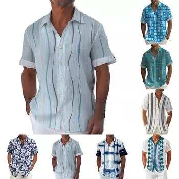 Гавайская рубашка для мужчин, мужские винтажные рубашки для боулинга на пуговицах, летняя пляжная рубашка с коротким рукавом L синий