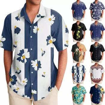 Гавайская рубашка для мужчин, мужские винтажные рубашки для боулинга на пуговицах, летняя пляжная рубашка с коротким рукавом L чёрный