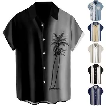 Гавайская рубашка для мужчин, мужские винтажные рубашки для боулинга на пуговицах, летняя пляжная рубашка с коротким рукавом L бежевый