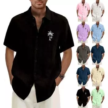 Гавайская рубашка для мужчин, мужские винтажные рубашки для боулинга на пуговицах, летняя пляжная рубашка с коротким рукавом L бежевый