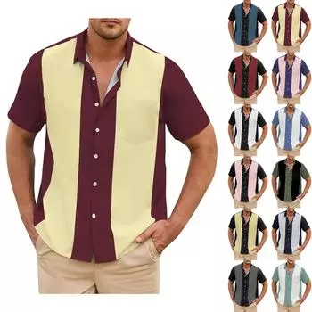 Гавайская рубашка для мужчин, мужские винтажные рубашки для боулинга на пуговицах, летняя пляжная рубашка с коротким рукавом L чёрный