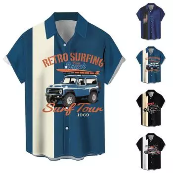 Гавайская рубашка для мужчин, мужские винтажные рубашки для боулинга на пуговицах, летняя пляжная рубашка с коротким рукавом L чёрный