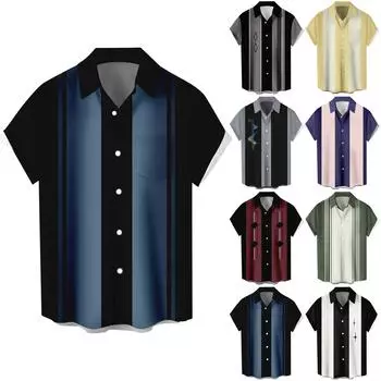Гавайская рубашка для мужчин, мужские винтажные рубашки для боулинга на пуговицах, летняя пляжная рубашка с коротким рукавом L чёрный