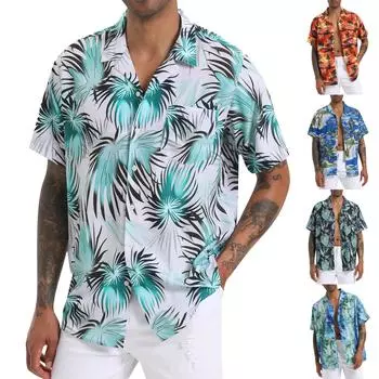 Гавайская рубашка для мужчин, мужские винтажные рубашки для боулинга на пуговицах, летняя пляжная рубашка с коротким рукавом L синий