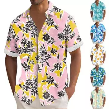 Гавайская рубашка для мужчин, мужские винтажные рубашки для боулинга на пуговицах, летняя пляжная рубашка с коротким рукавом L синий