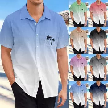 Гавайская рубашка для мужчин, мужские винтажные рубашки для боулинга на пуговицах, летняя пляжная рубашка с коротким рукавом L синий