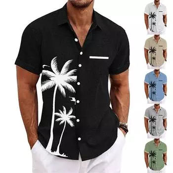 Гавайская рубашка для мужчин, мужские винтажные рубашки для боулинга на пуговицах, летняя пляжная рубашка с коротким рукавом L чёрный