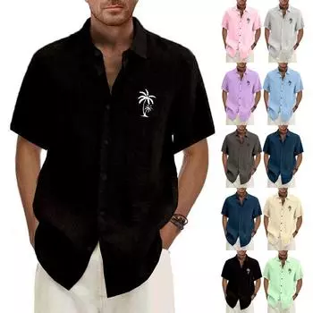 Гавайская рубашка для мужчин, мужские винтажные рубашки для боулинга на пуговицах, летняя пляжная рубашка с коротким рукавом L бежевый