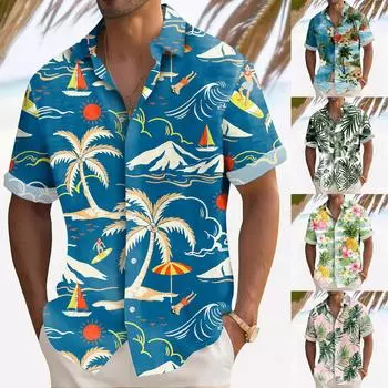 Гавайская рубашка для мужчин, мужские винтажные рубашки для боулинга на пуговицах, летняя пляжная рубашка с коротким рукавом L армия зеленый