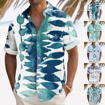 Гавайская рубашка для мужчин, мужские винтажные рубашки для боулинга на пуговицах, летняя пляжная рубашка с коротким рукавом L синий