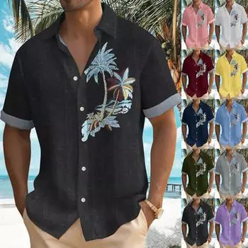 Гавайская рубашка для мужчин, мужские винтажные рубашки для боулинга на пуговицах, летняя пляжная рубашка с коротким рукавом L чёрный