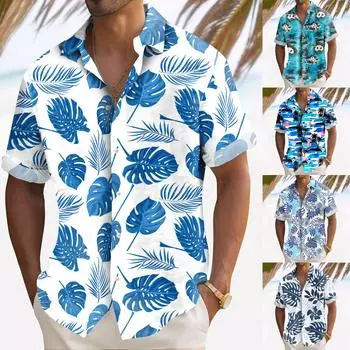 Гавайская рубашка для мужчин, мужские винтажные рубашки для боулинга на пуговицах, летняя пляжная рубашка с коротким рукавом L синий