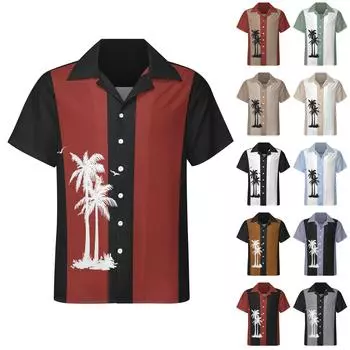 Гавайская рубашка для мужчин, мужские винтажные рубашки для боулинга на пуговицах, летняя пляжная рубашка с коротким рукавом L чёрный