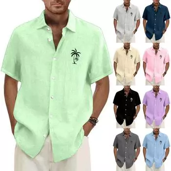 Гавайская рубашка для мужчин, мужские винтажные рубашки для боулинга на пуговицах, летняя пляжная рубашка с коротким рукавом L бежевый