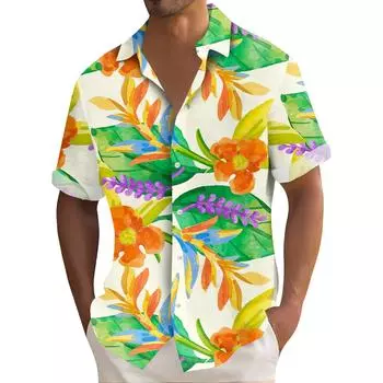 Гавайская рубашка для мужчин, мужские винтажные рубашки для боулинга на пуговицах, летняя пляжная рубашка с коротким рукавом XXXL жёлтый