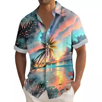 Гавайская рубашка для мужчин, мужские винтажные рубашки для боулинга на пуговицах, летняя пляжная рубашка с коротким рукавом M белый