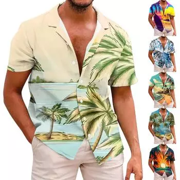 Гавайская рубашка для мужчин, повседневная модная летняя футболка с коротким рукавом и пуговицами, топ с принтом L синий