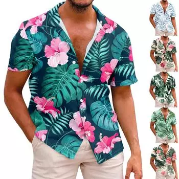 Гавайская рубашка для мужчин, повседневная модная летняя футболка с коротким рукавом и пуговицами, топ с принтом L зелёный