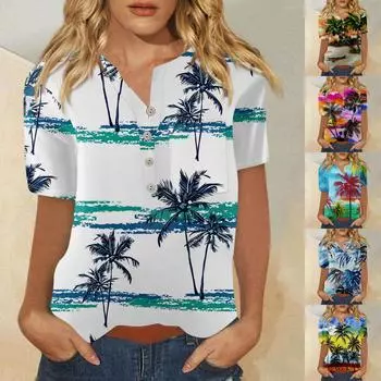 Гавайская рубашка для женщин, модная повседневная рубашка с коротким рукавом и принтом на пуговицах, блузка L синий