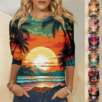 Гавайская рубашка для женщин, модная повседневная свободная футболка с круглым вырезом и рукавами 3/4, женский топ