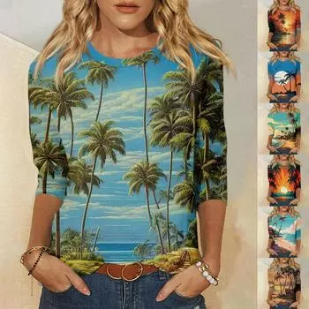 Гавайская рубашка для женщин, модная повседневная свободная футболка с круглым вырезом и рукавами 3/4, женский топ