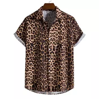 Гавайская рубашка, мужская вечеринка, пляжная повседневная рубашка с леопардовым принтом, мужская приталенная рубашка с коротким рукавом, большие размеры XXXL разноцветный
