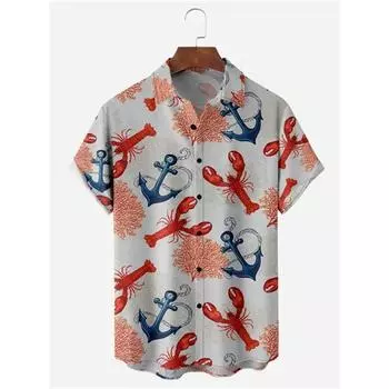 Гавайская рубашка с короткими рукавами и принтом лобстера, модная и повседневная мужская рубашка для пляжного отдыха, лето 2024 г. M