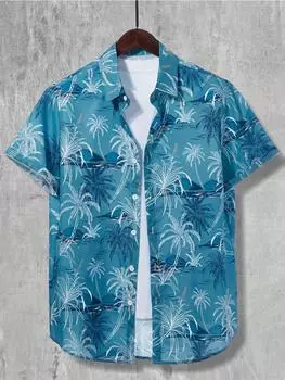 Гавайская рубашка с принтом кокосовой пальмы, мужская повседневная рубашка с коротким рукавом на пуговицах для летнего пляжного отдыха, курортная одежда больших размеров S