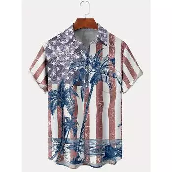 Гавайская рубашка с принтом кокосовой пальмы и пуговицей американского флага. Льняная рубашка с коротким рукавом. S