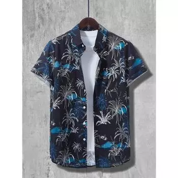 Гавайская рубашка с принтом кокосовой пальмы, мужская повседневная рубашка на пуговицах с коротким рукавом для летнего пляжного отдыха на курорте, свободная одежда S