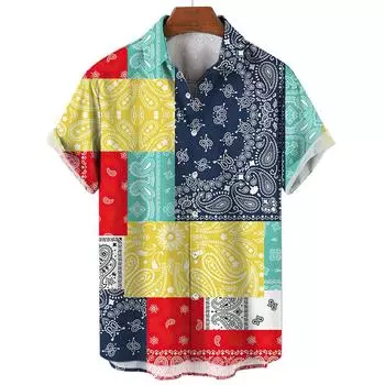 Гавайская рубашка с ретро-принтом 3D-тотема, летний повседневный топ, уличный стиль с короткими рукавами, свободная рубашка с воротником оверсайз S