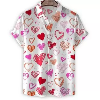 Гавайская рубашка с рисунком в виде 3D-сердца с изображением любви для мужчин и женщин, летние футболки с коротким рукавом, рубашки с пуговицами на лацканах, топы, уличные свободные блузки S