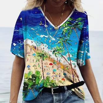 Гавайская женская футболка с V-образным вырезом, пляжный стиль для отпуска, летняя, для улицы, повседневная, с коротким рукавом S